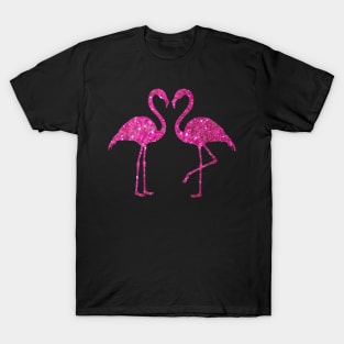 Bright Pink Faux Glitter Flamingos Silhouette T-Shirt